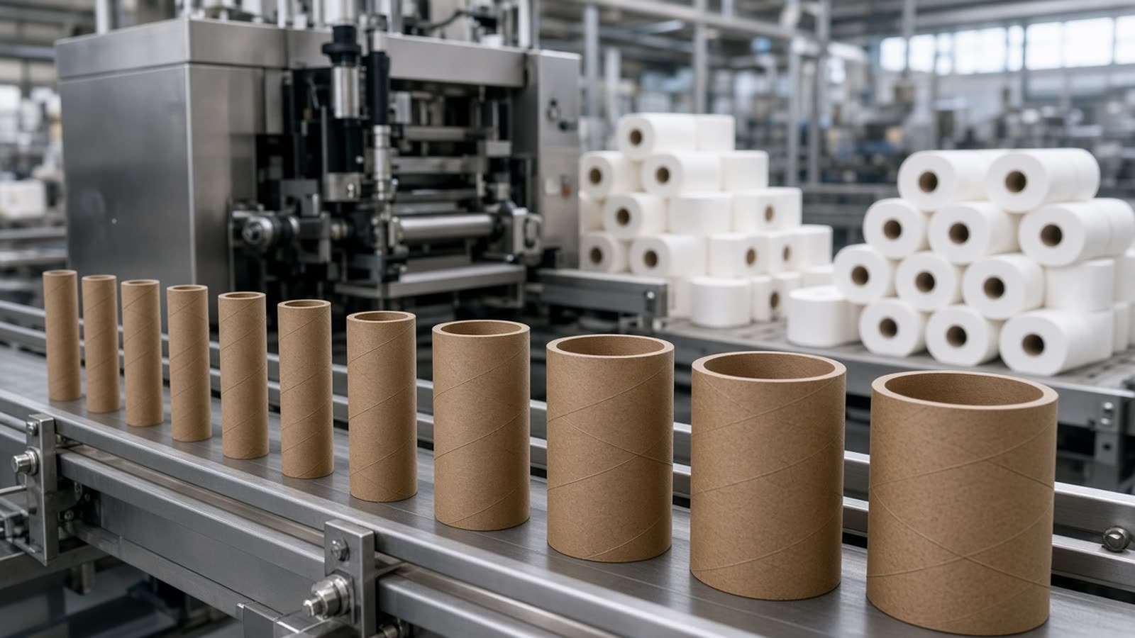 Spiral-wound paper cores next to finished toilet tissue rolls